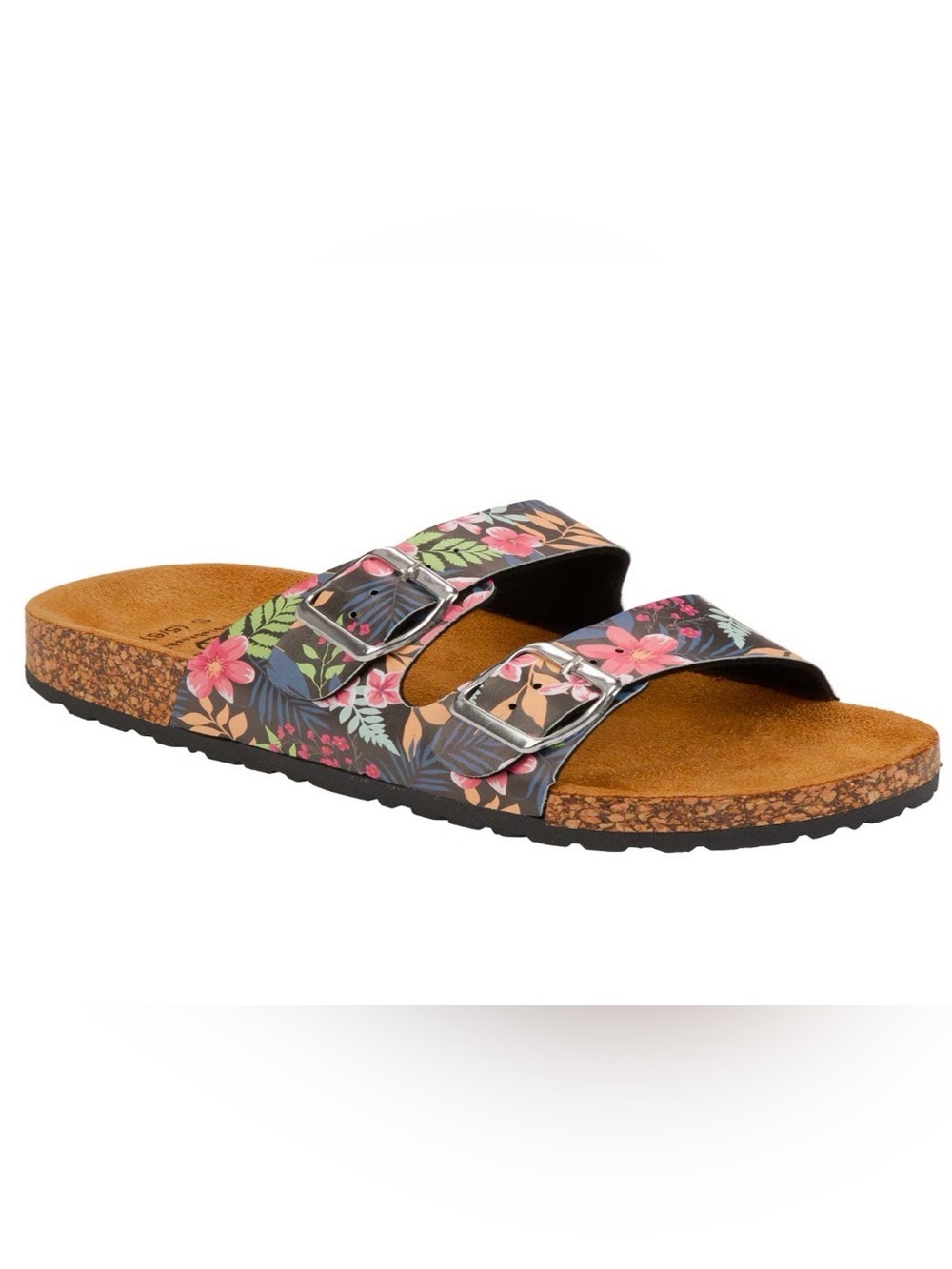 Floral Double-Buckle Slide Cork Sandal